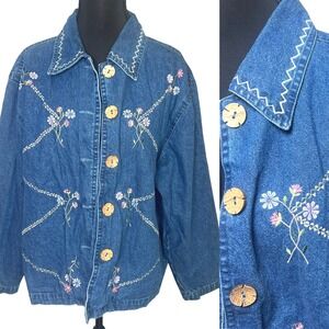 VTG Denim Jacket Shirt Women M Embroidered Floral Cottagecore Boho‎ Grandmacore